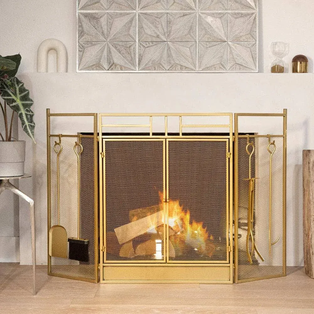 3 Panel Fireplace Screen Spark Guard Hinged Doors Include (4-Fireplace Tool)