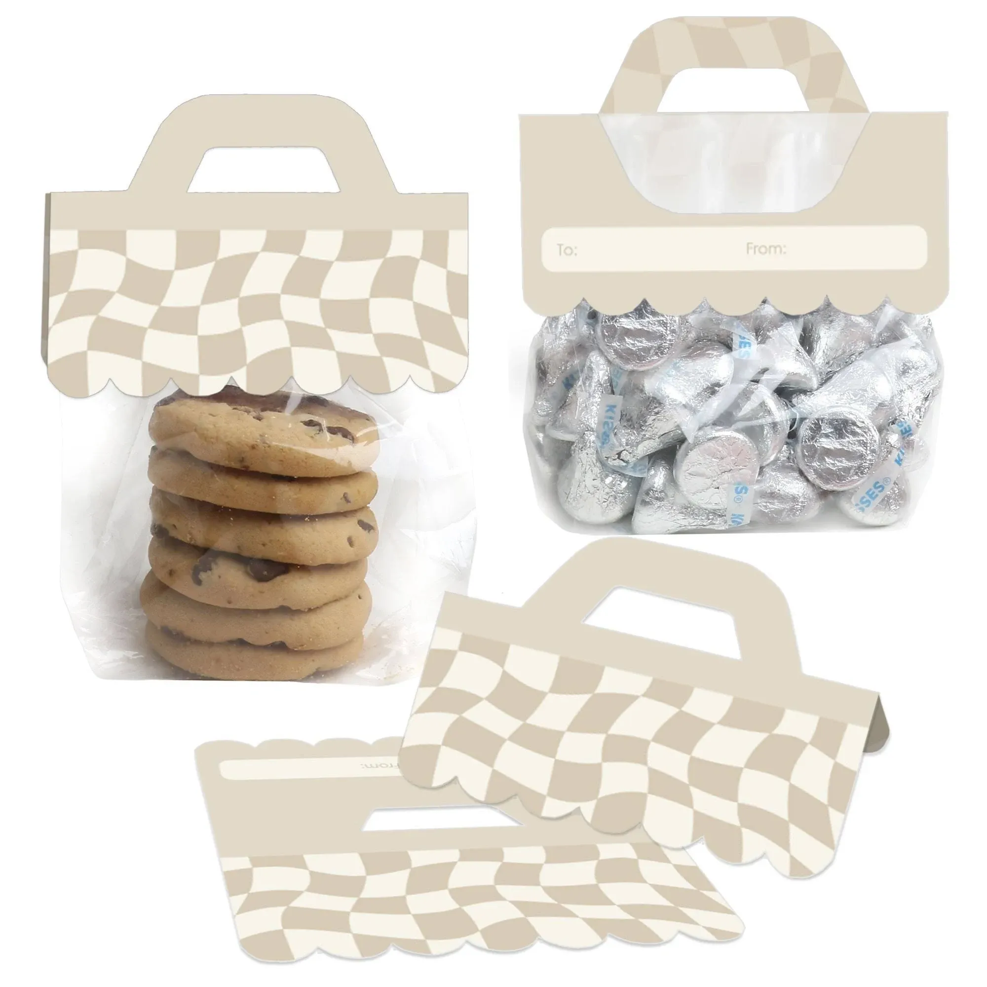 Tan Checkered Party - Favor Bag Labels - Candy Bags with Toppers - Set of 24