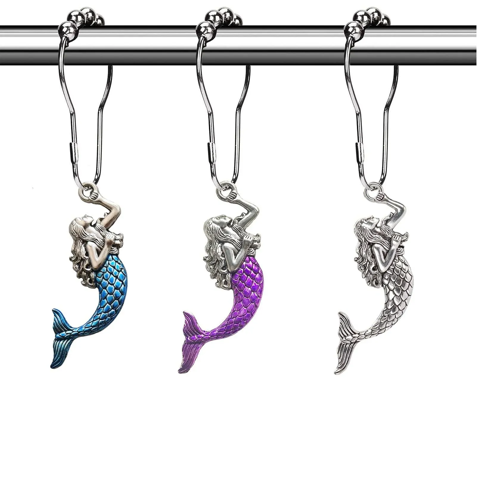 Sea Mermaid Shower Curtain Hooks Rings, Ocean Shower Hooks for Shower Curtain, Silver Metal Shower Hooks Rust Proof Decorative Shower Curtain Set Accessory, Beach Theme Bathroom Decor, 12Pcs