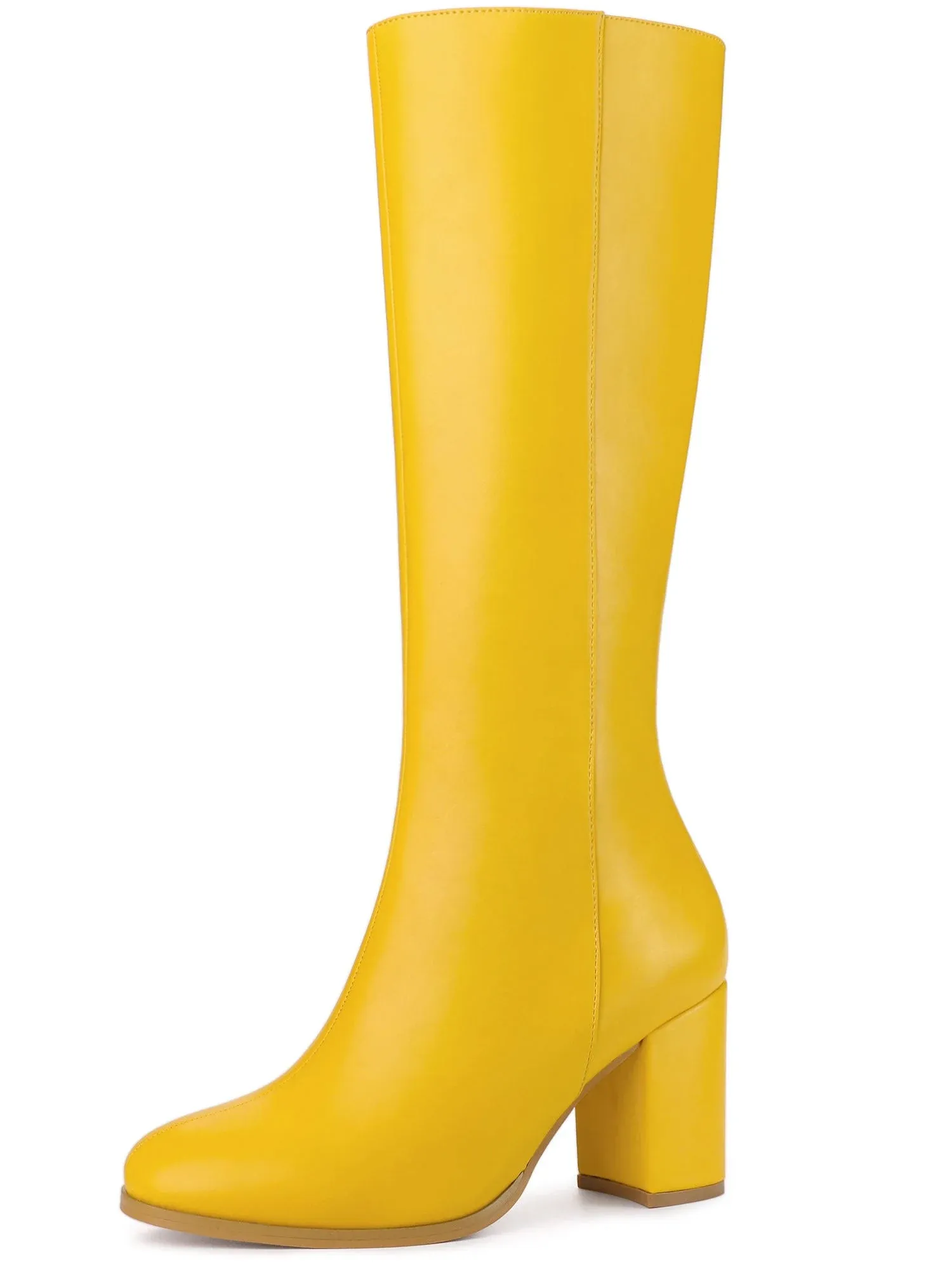 Round Toe Zip Block Heel Knee High Boots, Yellow / 5.5