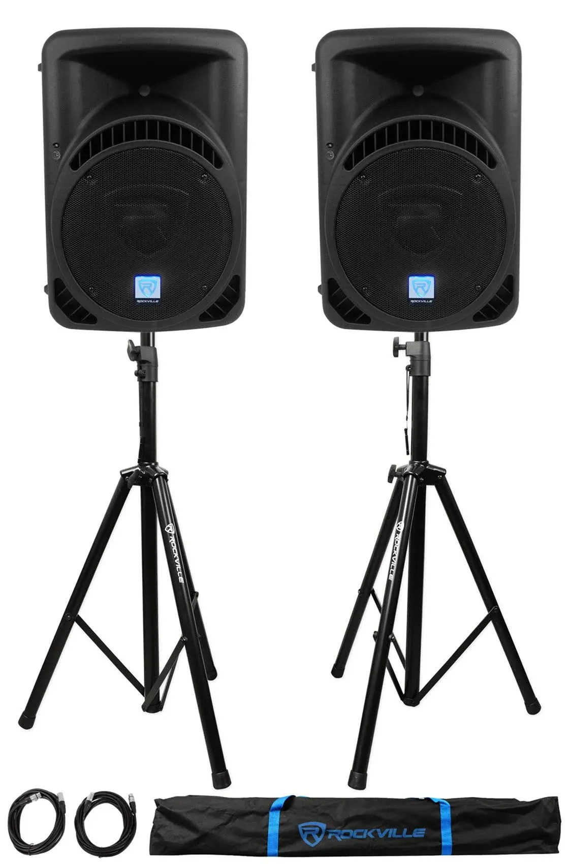 2 Rockville RPG12BT 12&#034; Active BlueTooth Wireless Link DJ Speakers+Stand<wbr/>s+Cables