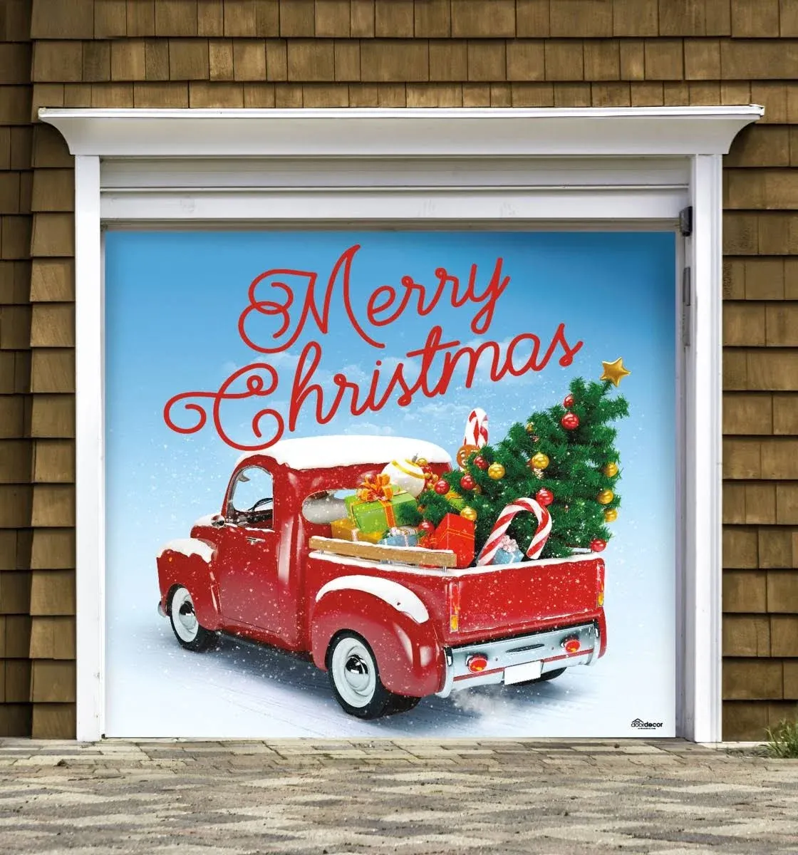 CC Christmas Decor 7' x 8' Red and Green Christmas Wreath Single Car Garage Door Banner