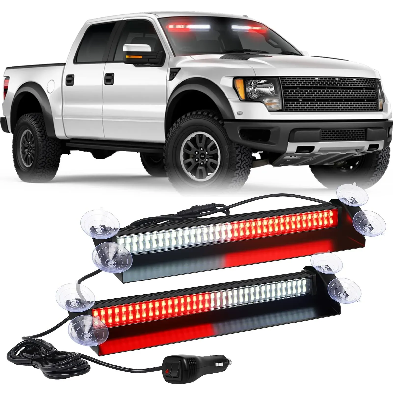 XRIDONSEN Dash Strobe Lights 144 LED Amber White Emergency Warning Hazard Safety 2x 14.5 inch Front/Rear Interior Windshield Lights w/Suction Cups Deck Split Mount for Construction Vehicles Trucks