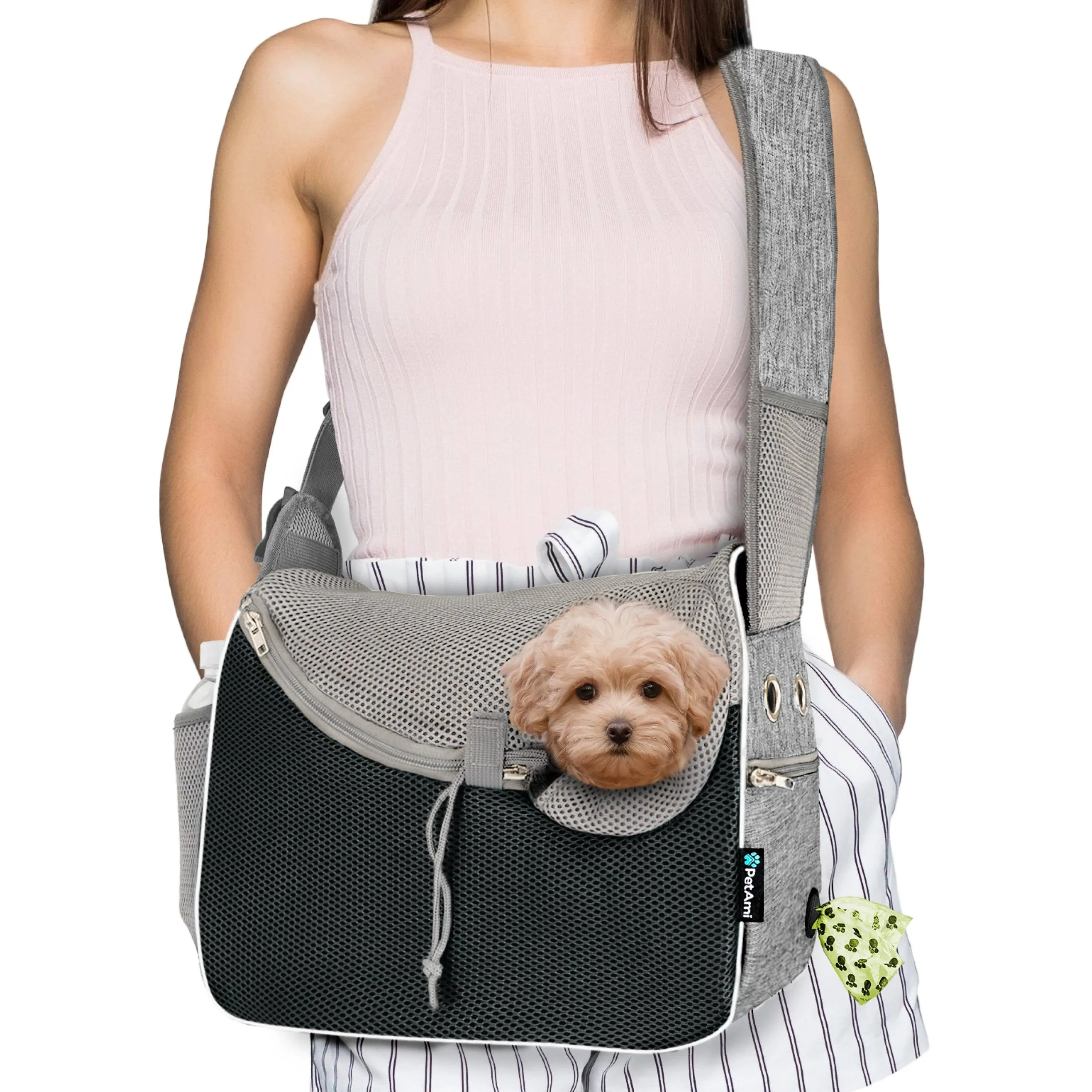 PetAmi Small Dog Sling Carrier, Soft-Sided Crossbody Puppy Carrying Purse Bag, Adjustable Sling Pet Pouch to Wear Medium Dog Cat Travel, Dog Bag for Traveling, Breathable, Poop Bag Dispenser, Gray