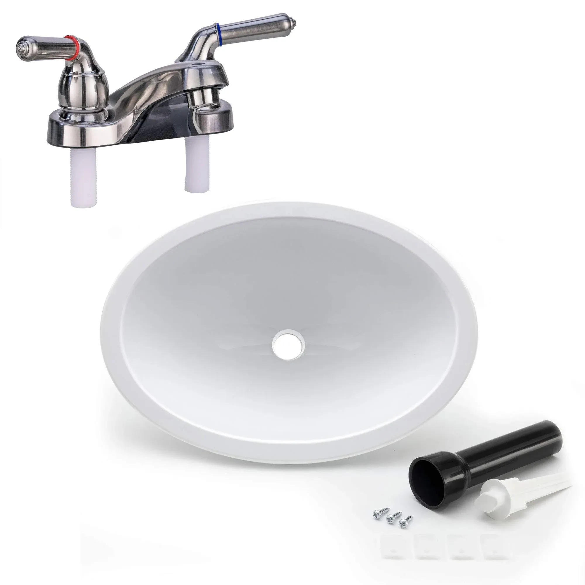 RV Oval White Sink 10&#034; x 13&#034; with Stopper and 4&#034; Brushed Nickel Bathroom Faucet