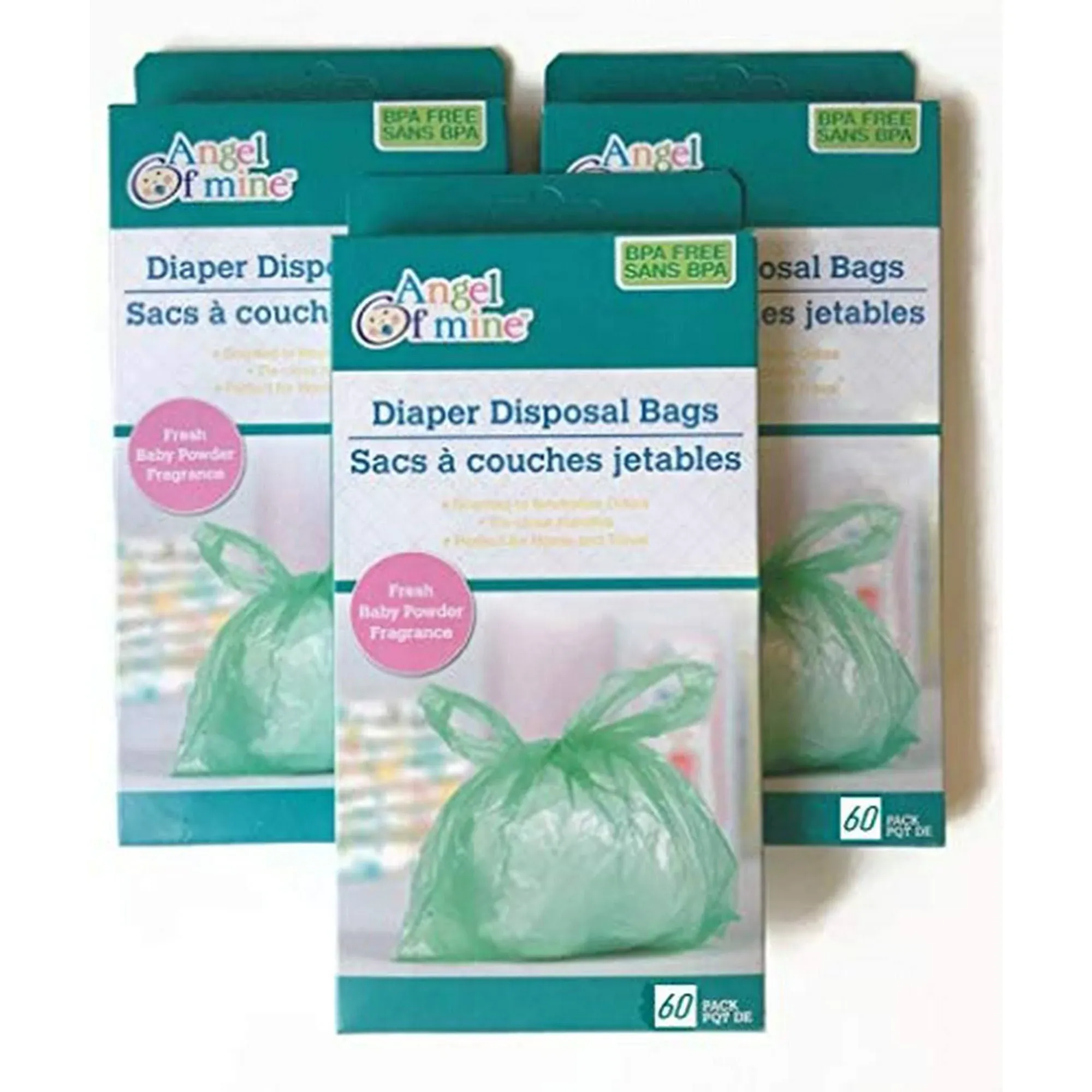 Angel of Mine Diaper Disposal Bags; Fresh Baby Powder Fragrance; 60 Bags per Pac