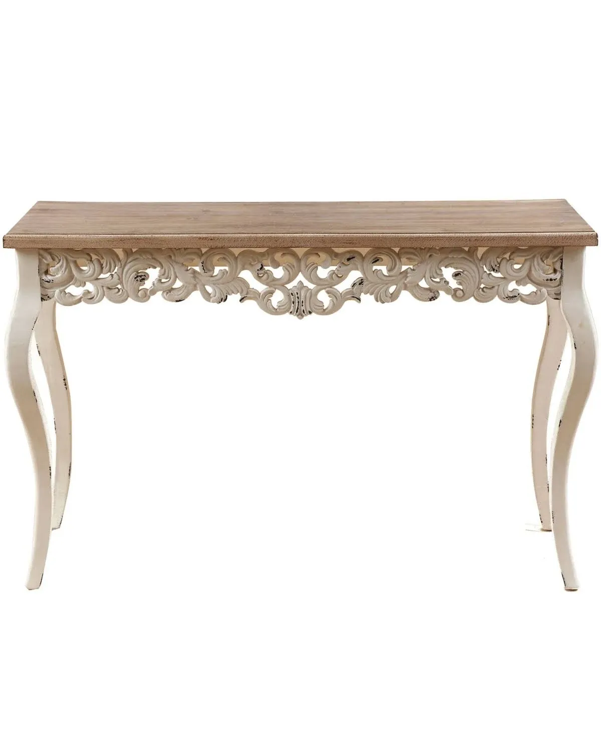 LuxenHome 46" Wood Decorative Console Table, Vintage French Country Entry Table, Farmhouse Antique Sofa Table with Wood Carvings, Woodgrain/Off-White