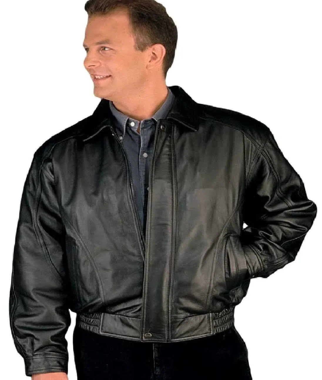 Reed Men's American Style Bomber Genuine Leather Jacket (LT, Black)