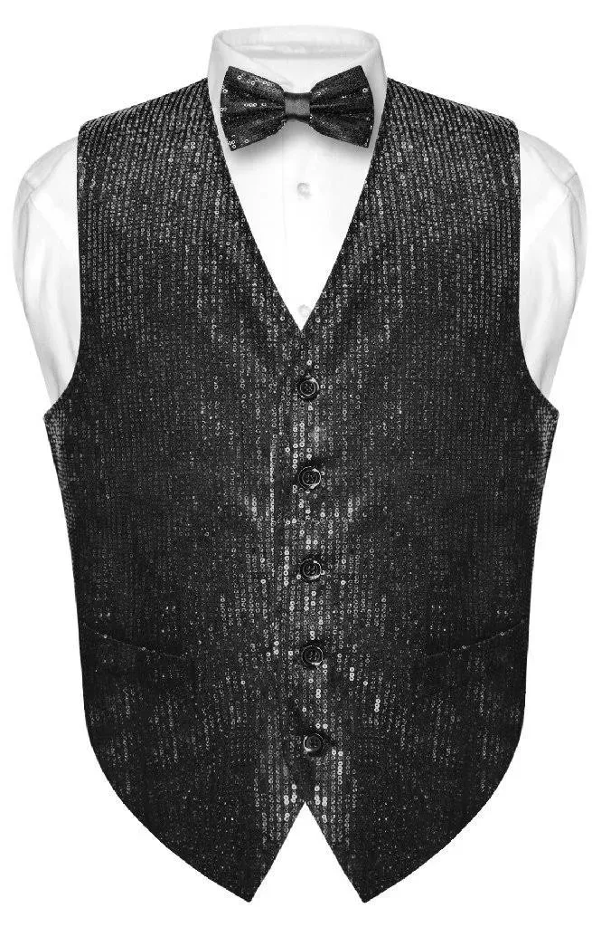 Vesuvio Napoli Men's Sequin Design Dress Vest & Bow Tie Black Color Bowtie Set for Suit Tux, Size: 3XL