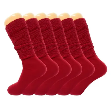 6 Pairs Pack Extra Long Slouch Scrunch Knee High Socks with Thin Sole Red Size 9-11