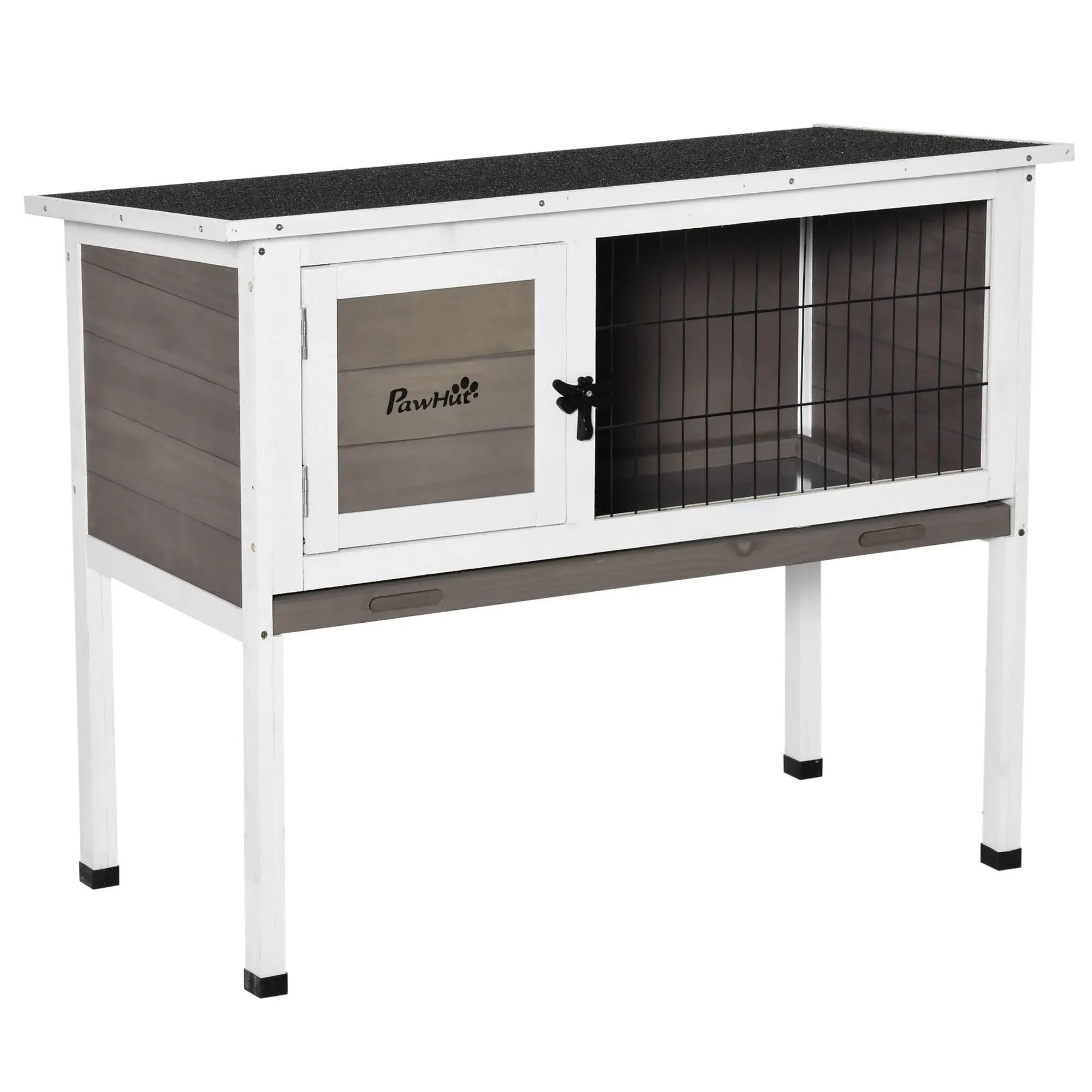 PawHut Elevated Wooden Rabbit Hutch, Indoor/Outdoor Bunny Cage with Hinged Asphalt Roof and Removable Tray for Guinea Pig