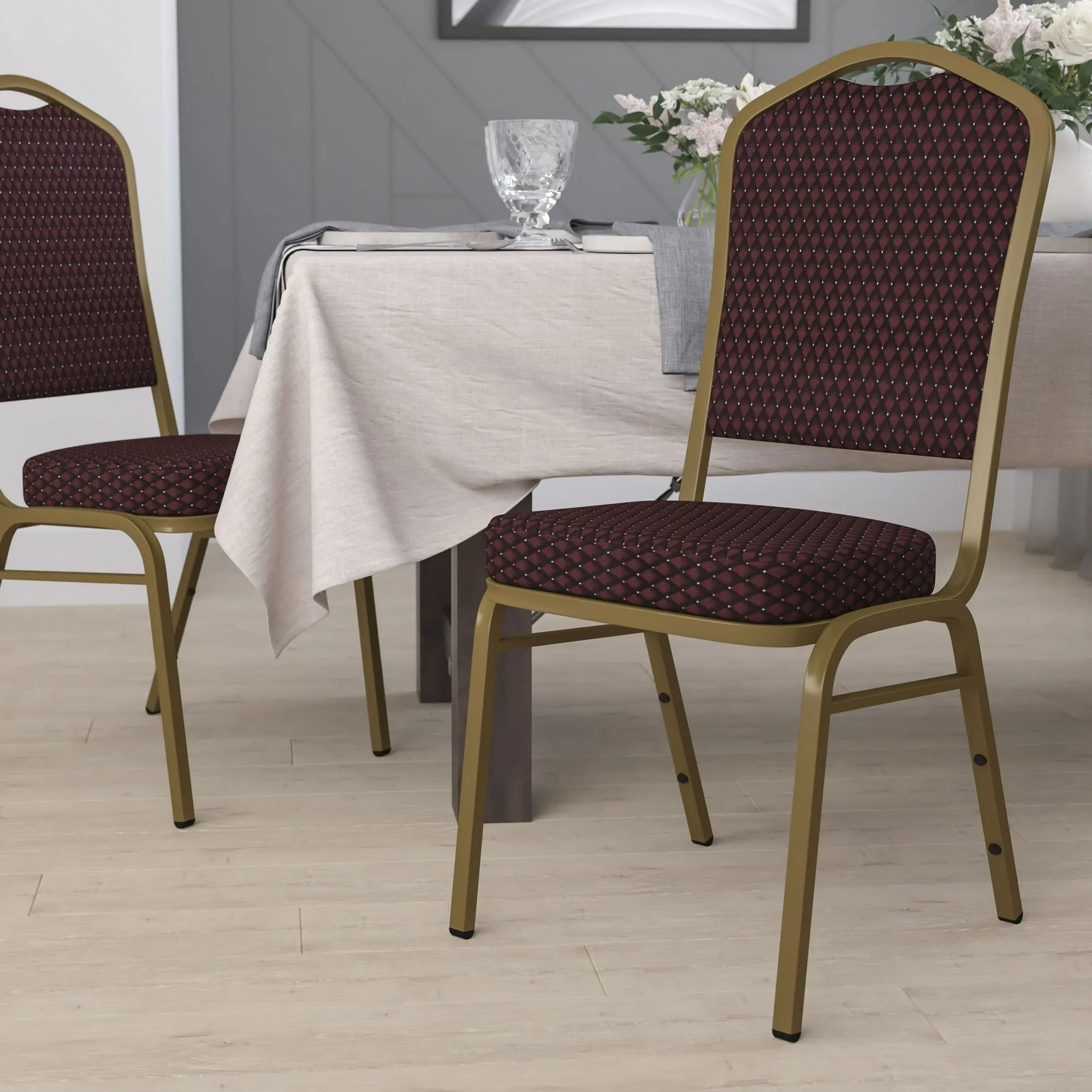 Flash Furniture HERCULES Series Crown Back Stacking Banquet Chair in Burgundy Patterned Fabric - Gold Frame