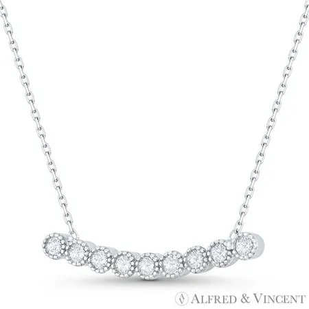 Curved Bar Multi-Bezel Cubic Zirconia CZ Crystal Pendant & Chain Necklace in .925 Sterling Silver w/ Rhodium