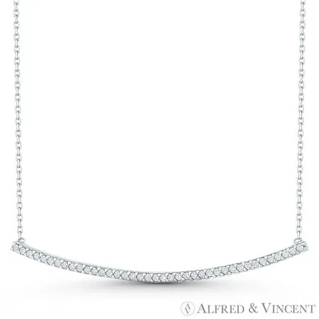 Curved Bar Cubic Zirconia CZ Crystal Pave Pendant & Chain Necklace in .925 Sterling Silver w/ Rhodium