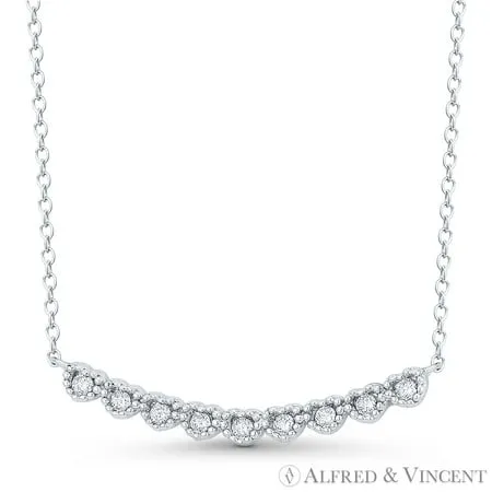 Curved Bar Multi-Heart Cubic Zirconia CZ Crystal Pendant & Chain Necklace in .925 Sterling Silver w/ Rhodium