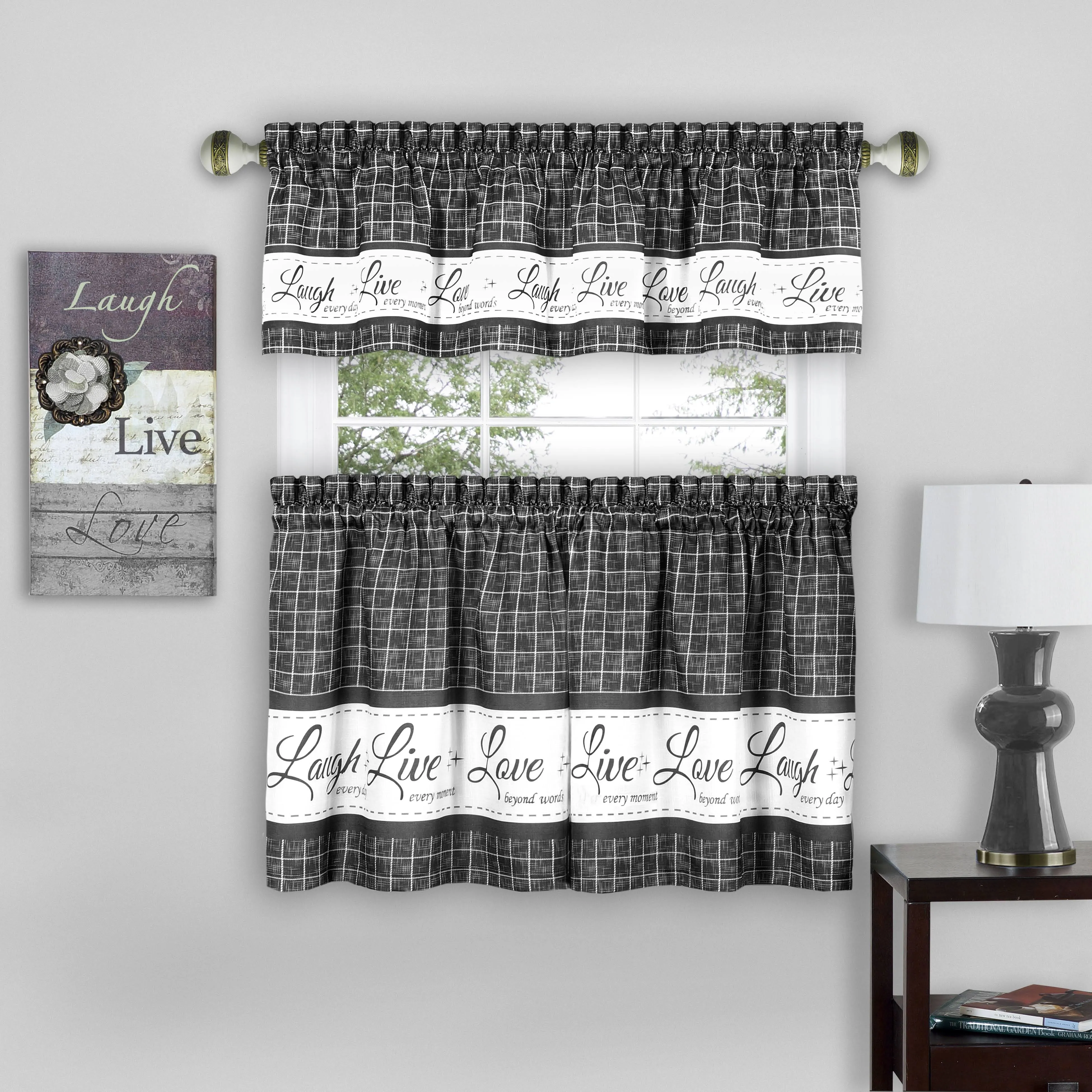 Achim Live, Love, Laugh Window Curtain Tier Pair and Valance Set - 58x36 - Charcoal