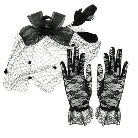 Boao Bowknot Fascinator Hat Tea Party Hat Feathers Veil Mesh Headband and Short Lace Gloves Floral Lace Gloves