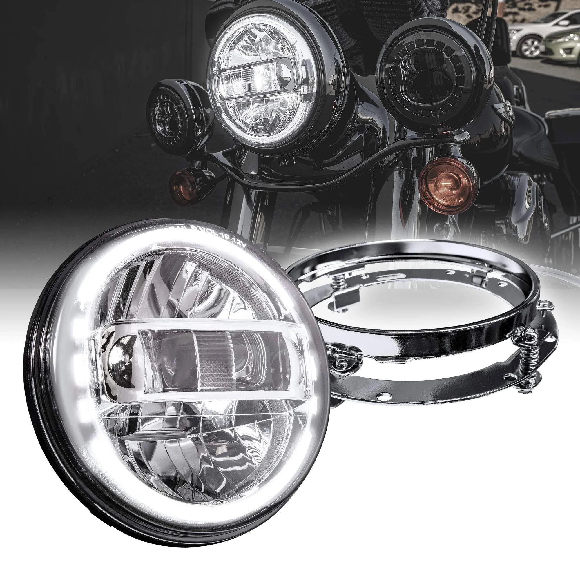 Chrome 7 inch Dot Halo LED Headlight + Mounting Bracket Kit for Harley Davidson, Black