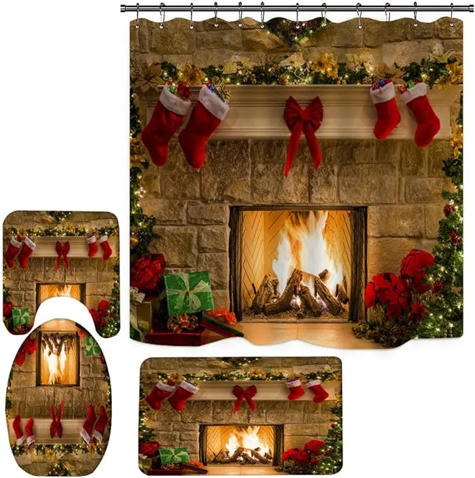 Christmas Fireplace Shower Curtain Set For Bathroom 4pcs Vintage Christmas Bathr