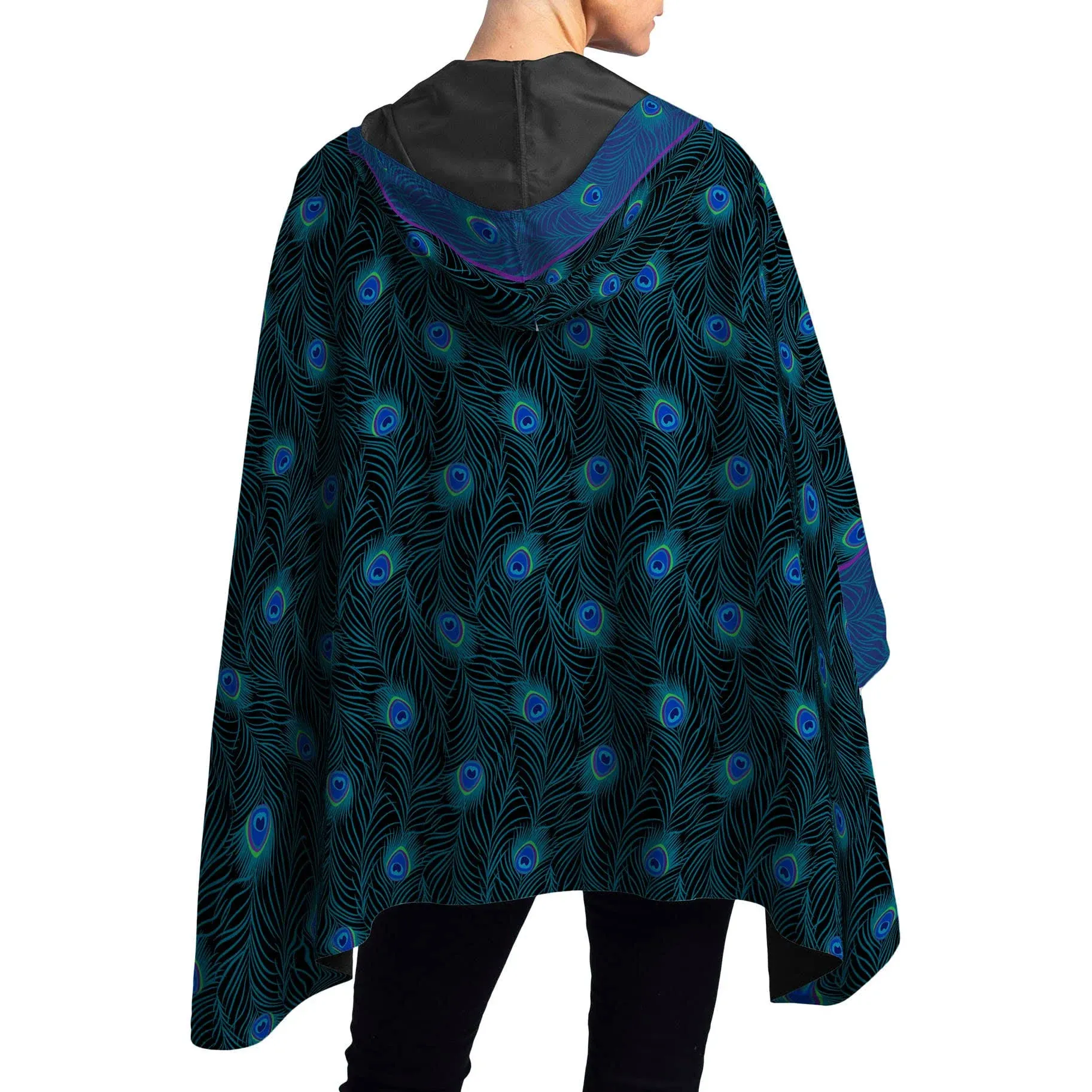 Peacock Black Blue Reversible Womens Rain Cape - Rainproof Breathable Rain Poncho