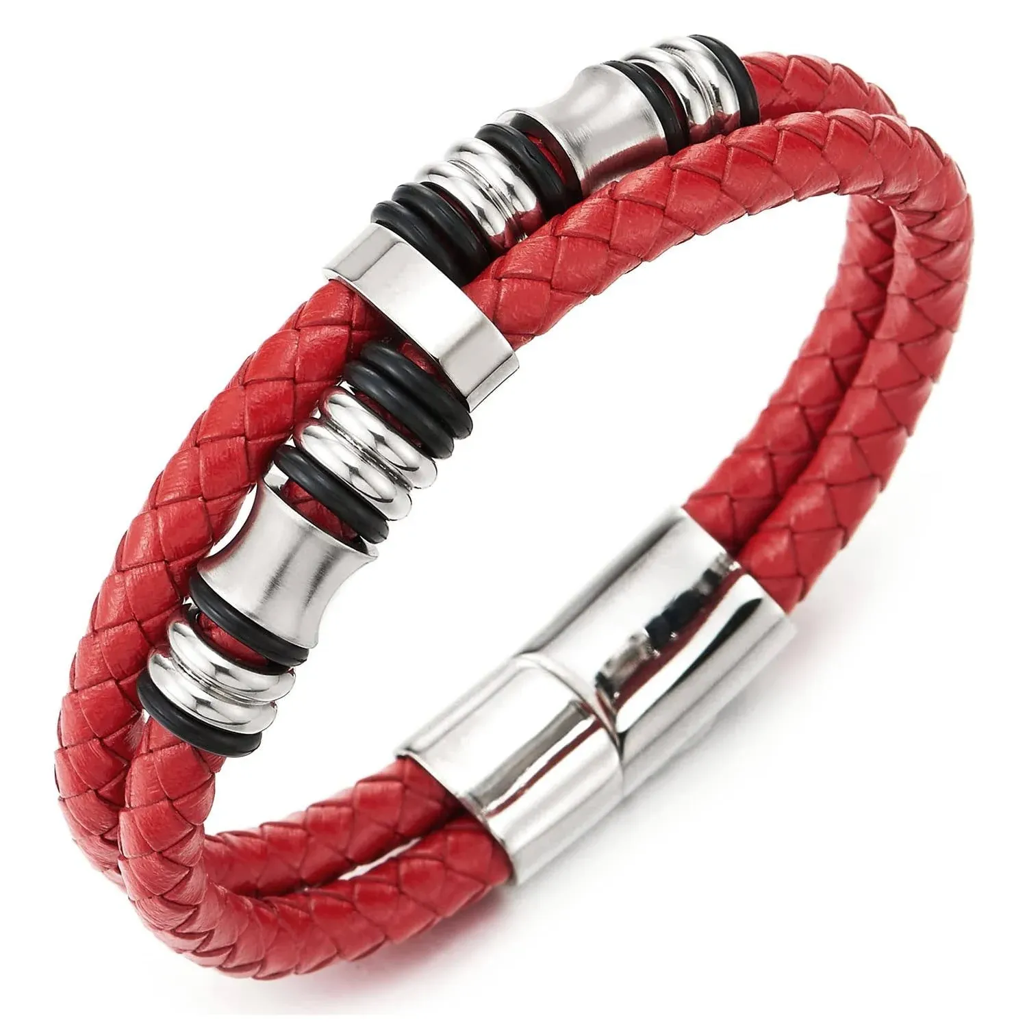 COOLSTEELANDBEYOND Mens Double-Row Braided Leather Bracelet Bangle Wristband with Stainless Steel Ornaments