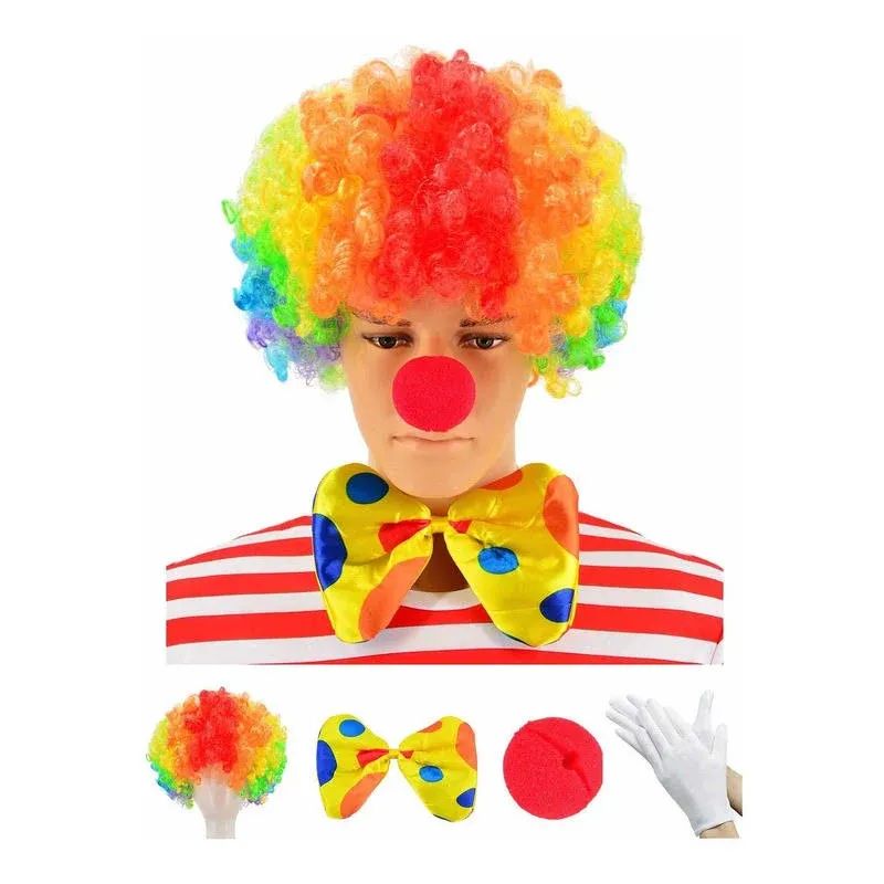 Clown Costume - Clown Wig + Clown Nose + Bow Tie + White Gloves Set of 4 (Rainbow)