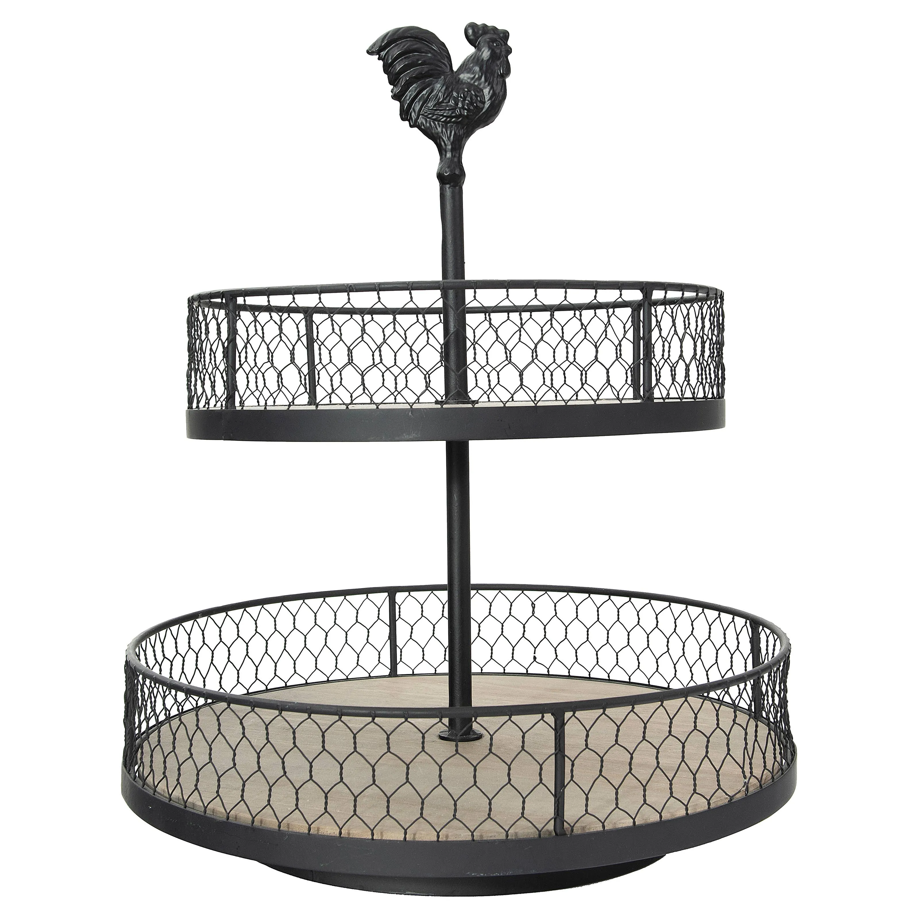 Creative Co-Op 2-Tier Wood & Metal Round Trays with Rooster Top