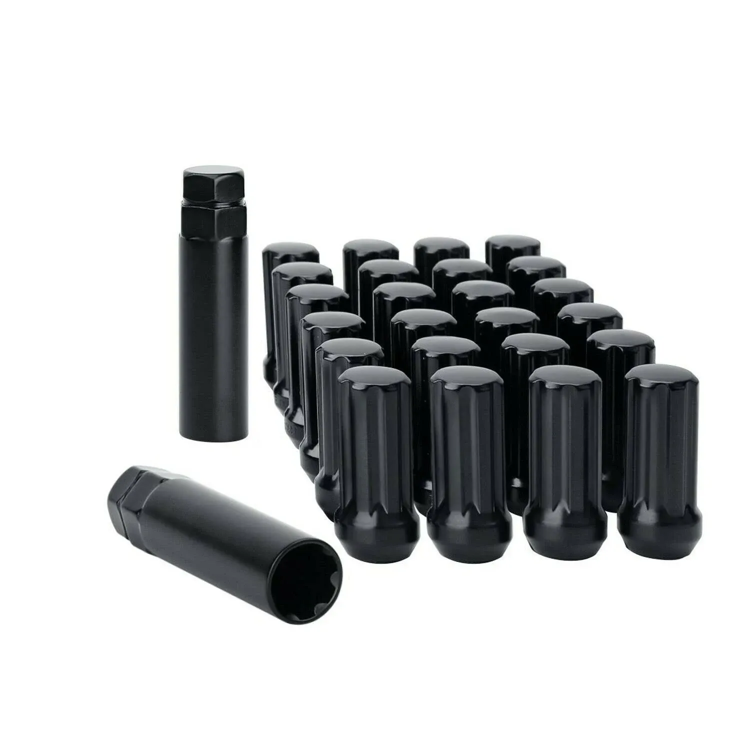 KSP 24 PC Black M14x1.5 Closed End 7 Spline Lug Nuts Conical Cone Seat Long with