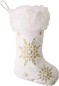 Comfy Hour Let It Snow Collection 18"x11" Christmas Winter Snowflake Stocking, Soft Plush Velvet Snowflake Embroidery Stocking, White and Gold, Polyester