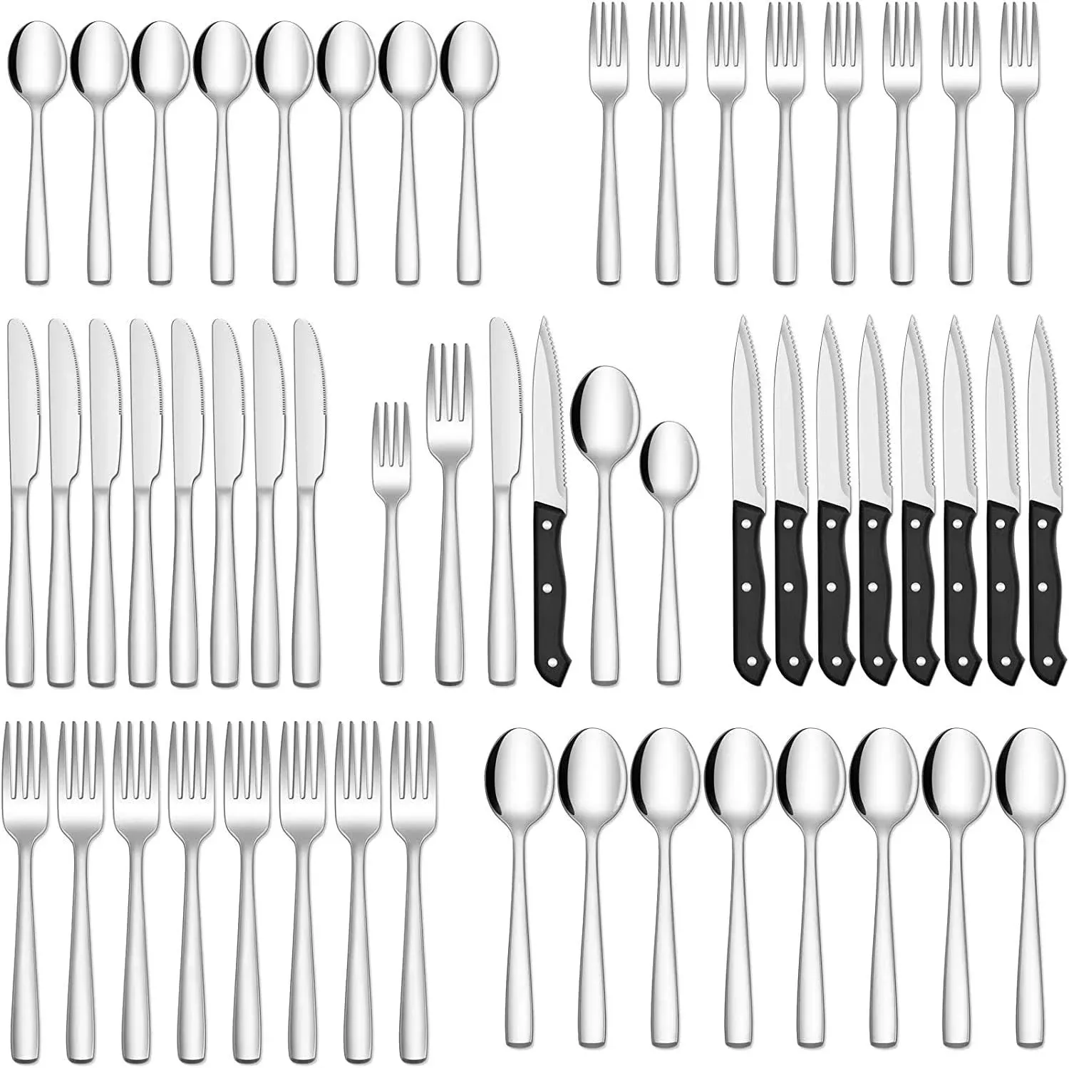 48-Piece Silverware Set with Steak Knives, Food-Grade Stainless Steel Flatware Set for 8, Steak Knife Spoons and Forks Cutlery Set for Kitchen Home