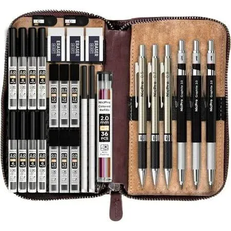 Nicpro 30PCS Art Mechanical Pencil Set in Leather Case, Metal Drafting Pencil 0.5 mm, 0.7 mm, 0.9 mm & 3 PCS 2mm Lead Holders for Sketching Drawing With 16 Tube (6B 4B 2B HB 2H 4H Colors) Lead Refills