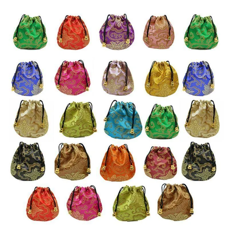 Chinese Silk Brocade Drawstring Jewelry Pouch Bag Value Set