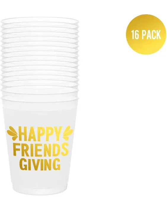 Happy Friendsgiving Cups,Friendsgiving Party Decorations,Friendsgiving Decorations,Friendsgiving Drinking Cups,Thanksgiving Party Decorations,BZ Friendsgiving Party Supplies(Gold Foil,16 Count,16 Oz.)