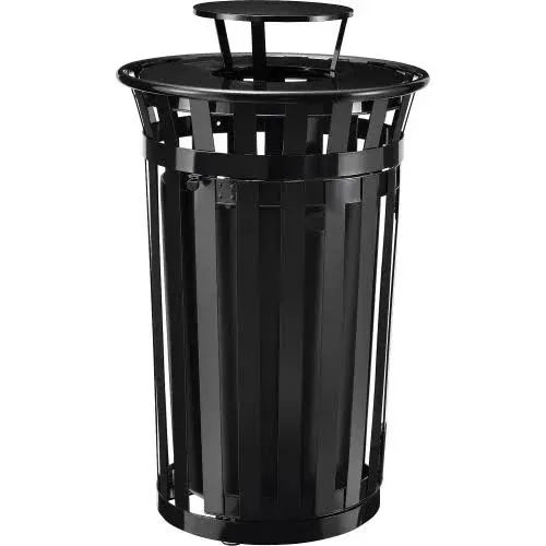 Outdoor Slatted Steel Trash Can W/Access Door   Rain Bonnet Lid, 36 Gal, Black