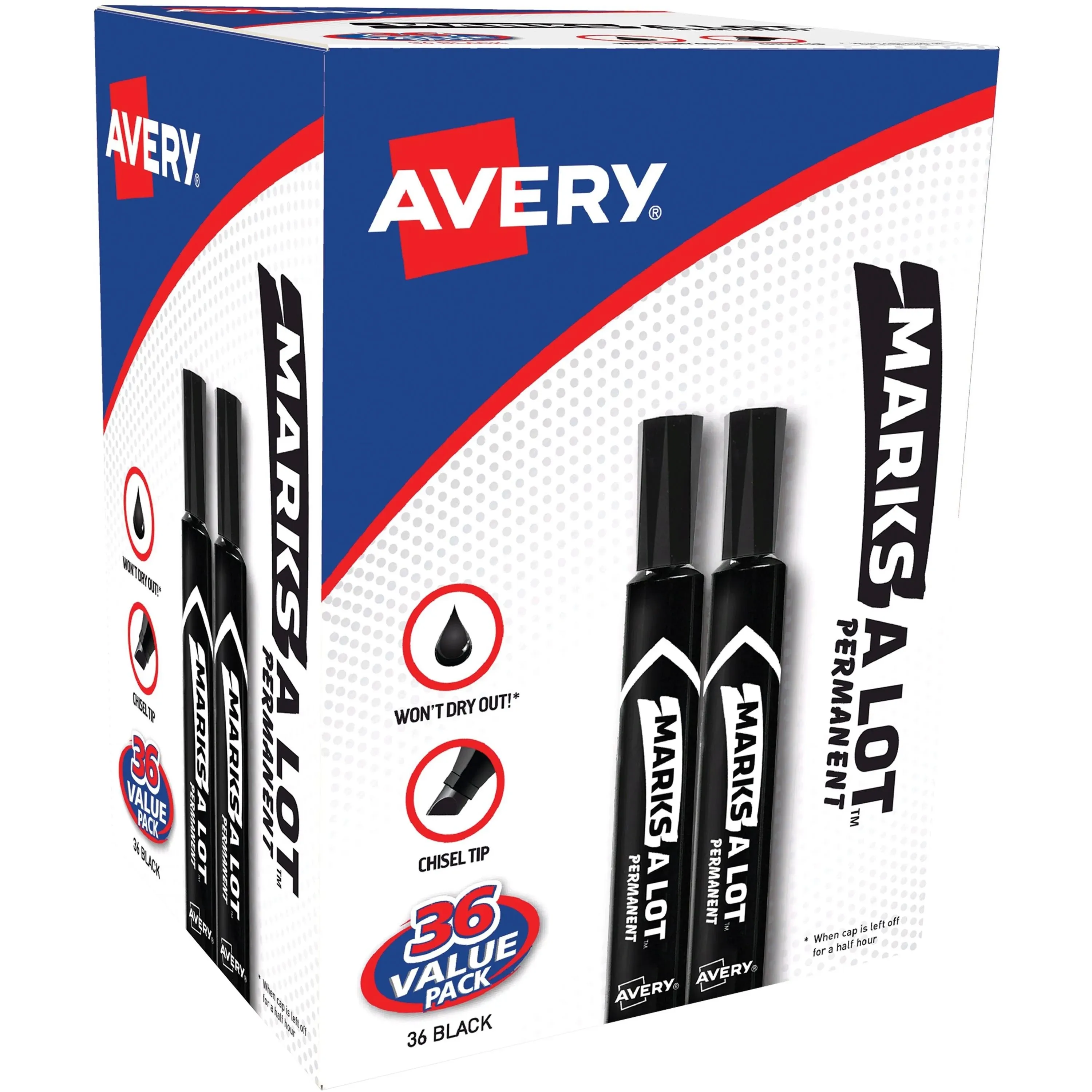 Marks-A-Lot Permanent Markers, Large Desk-Style size, Chisel Tip, 12 Black Markers - Avery