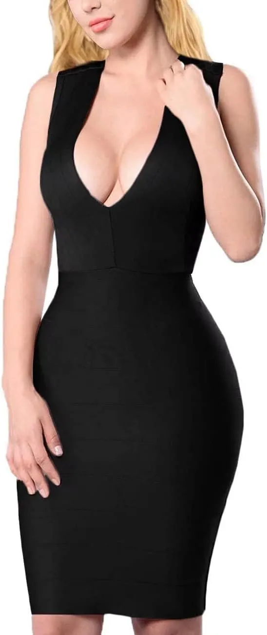 Hybrid & Company Women's Plunging Neckline Open Back Bodycon Bandage Midi Dress ...