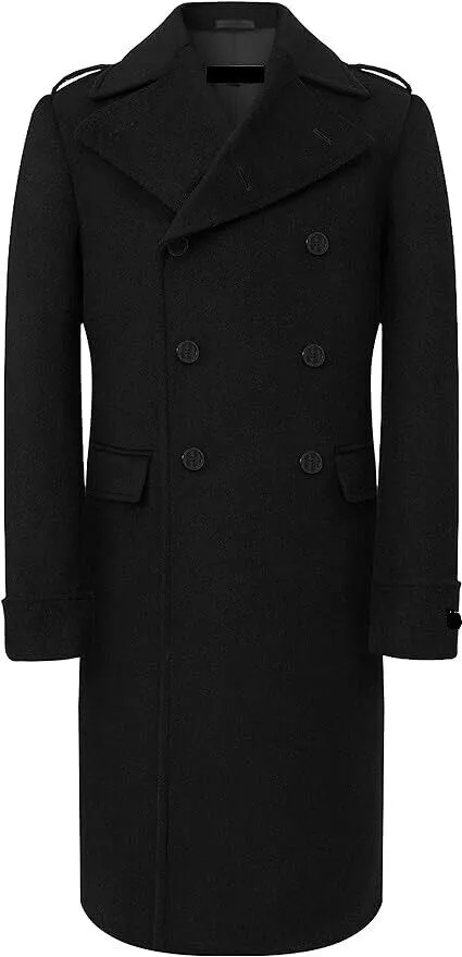 Mens Black Overcoat Wool & Cashmere Great Coat Long Double Breasted Heavy Warm Winter