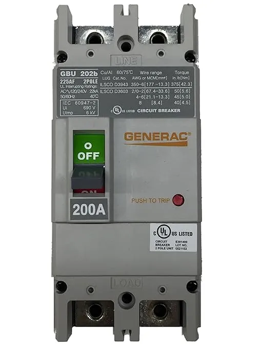 Generac Circuit Breaker 200AMP 2Pole 240V 225AF Part# 0K0133