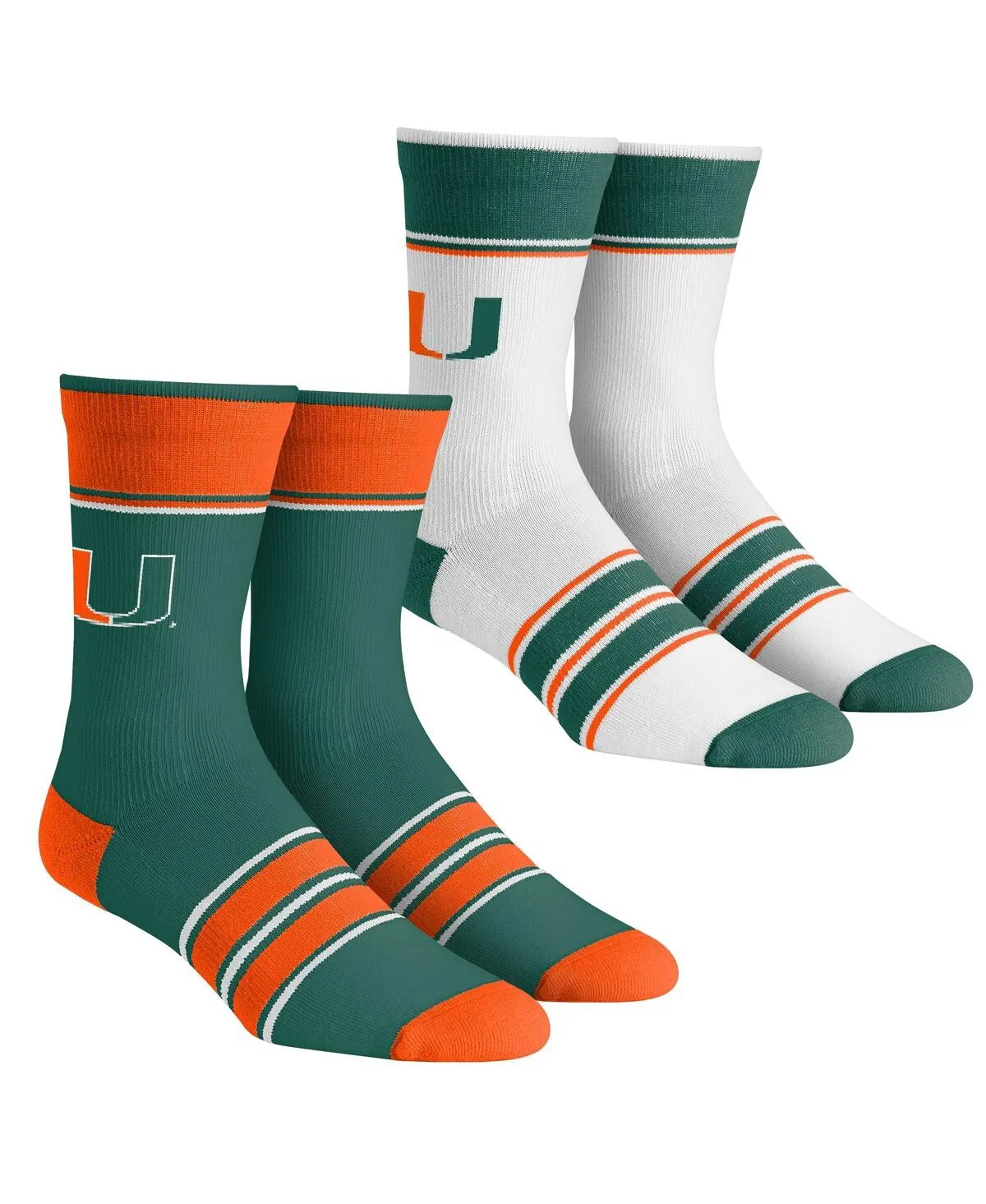 Men's and Women's Rock 'Em Socks Miami Hurricanes Multi-Stripe 2-Pack Team Crew Sock Set - Green, White