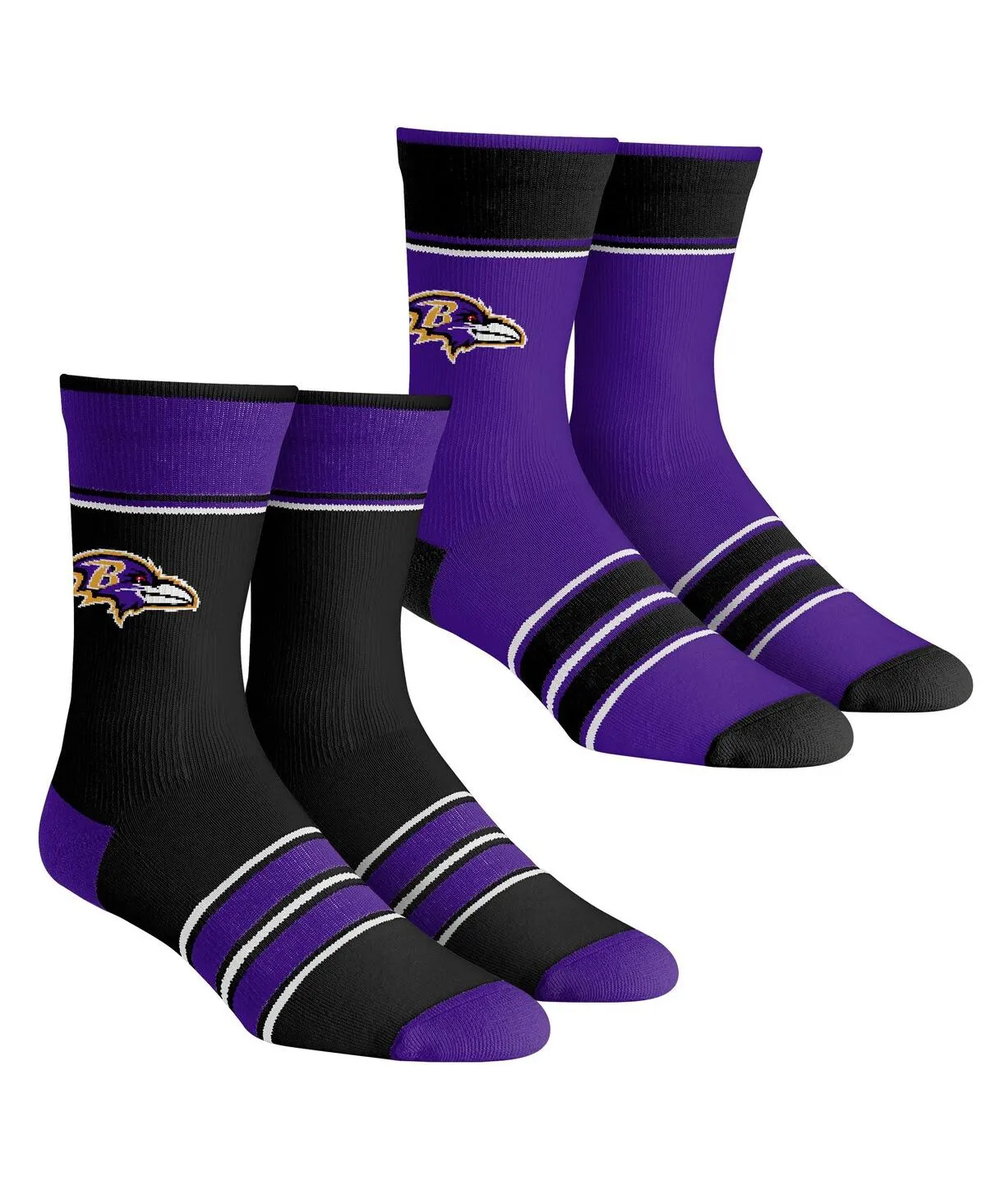 Men's and Women's Rock 'Em Socks Baltimore Ravens Multi-Stripe 2-Pack Team Crew Sock Set - Black, Purple