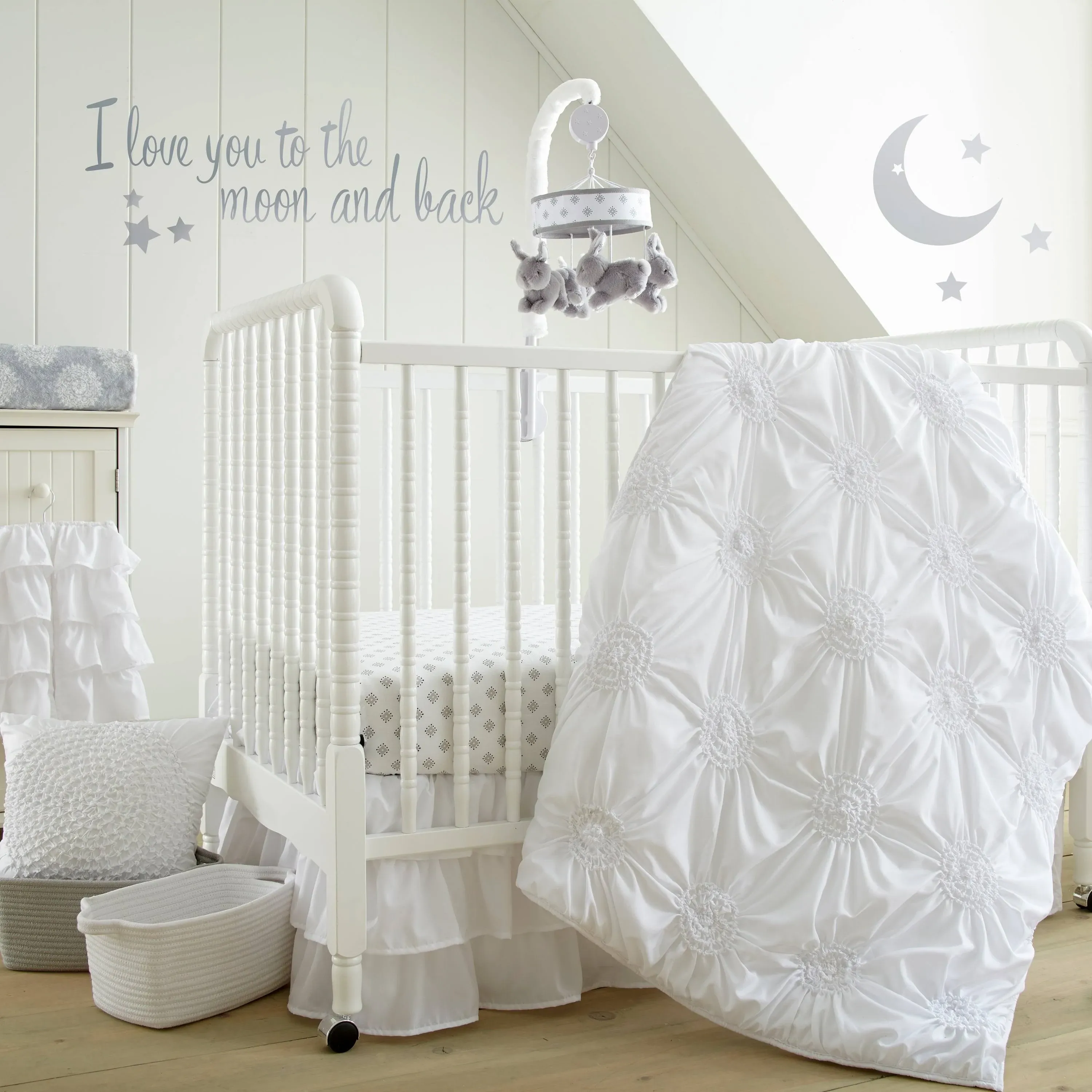 Levtex Baby - Willow Crib Bed Set - Baby Nursery Set - White - Soft Rosette Pintuck - 5 Piece Set Includes Quilt, Fitted Sheet, Diaper Stacker, Wall Decal & Crib Skirt/Dust Ruffle