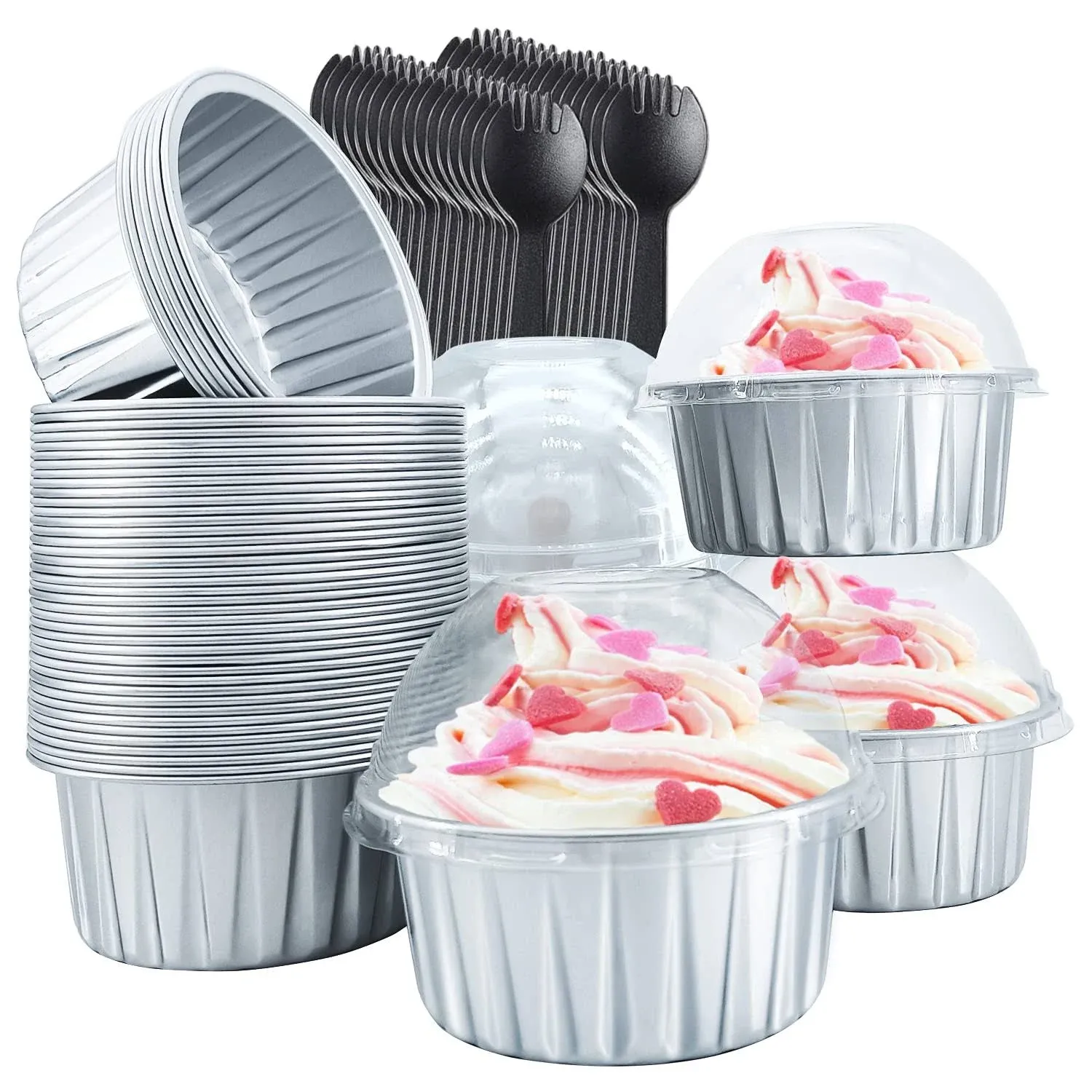 CUPCAKE LINERS WITH DOME LIDS 50 PACK 5OZ ALUMINUM FOIL BAKING CUPS MUFFIN TINSO