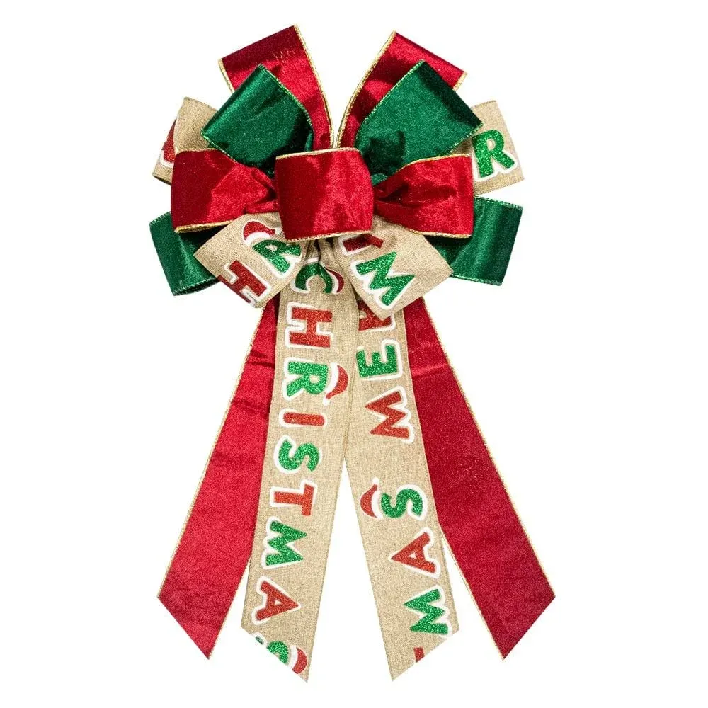 On-Airstore Large Christmas Wreath Bows, Christmas Words Velvet Ribbon Bows for Wreaths, Large Tree Topper Bows for Christmas Home Garden Indoor Outdoor Party Decoration Wreath Ornament Supplies