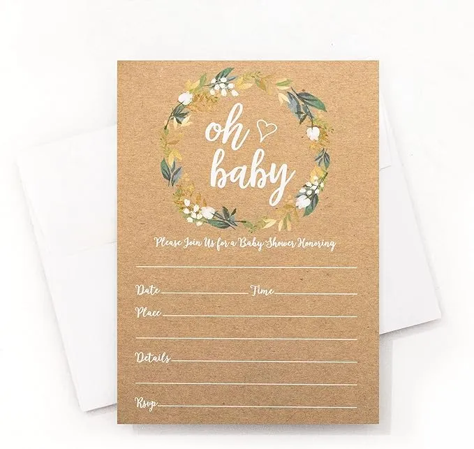 50 Oh Baby Kraft Greenery Invitations (Large Size 5x7) - Baby Shower Invitations (50 Count)