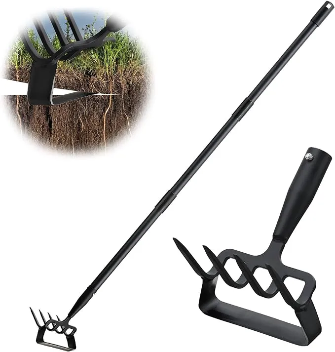 Hoe Garden Tool, Stirrup Hoe Cultivator for Weeding with 62Inch Adjustable Long Handle, Heavy Duty Garden Hula Scuffle Hoe and Rake Tiller 2-in-1