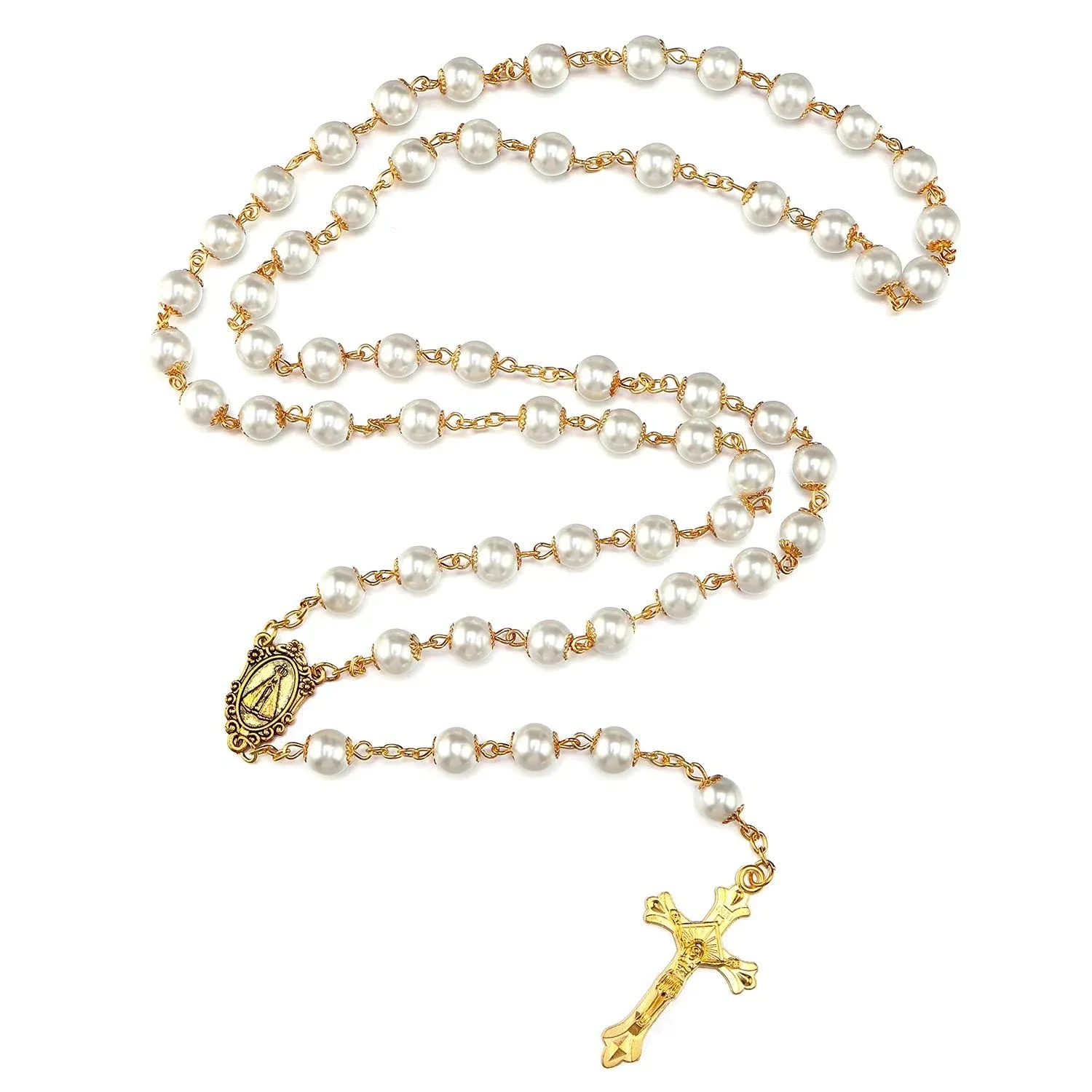 Catholic Pearl Beads Rosary Necklace Metal Beaded Miraculous Medal & Cross Rosary ...