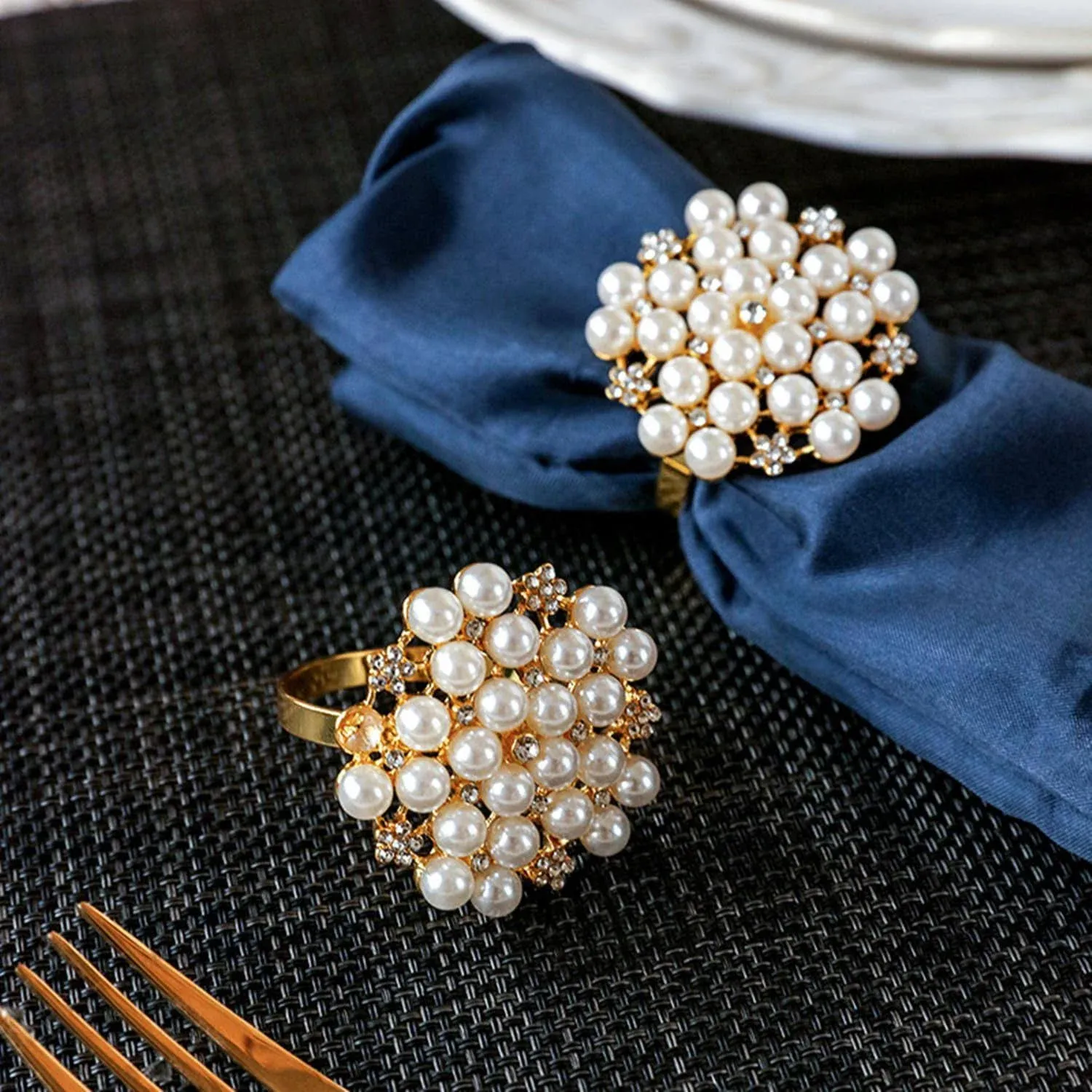 Napkin Rings Set of 6 - Gold Pearl Napkin Ring Holders for Wedding Party a Be...