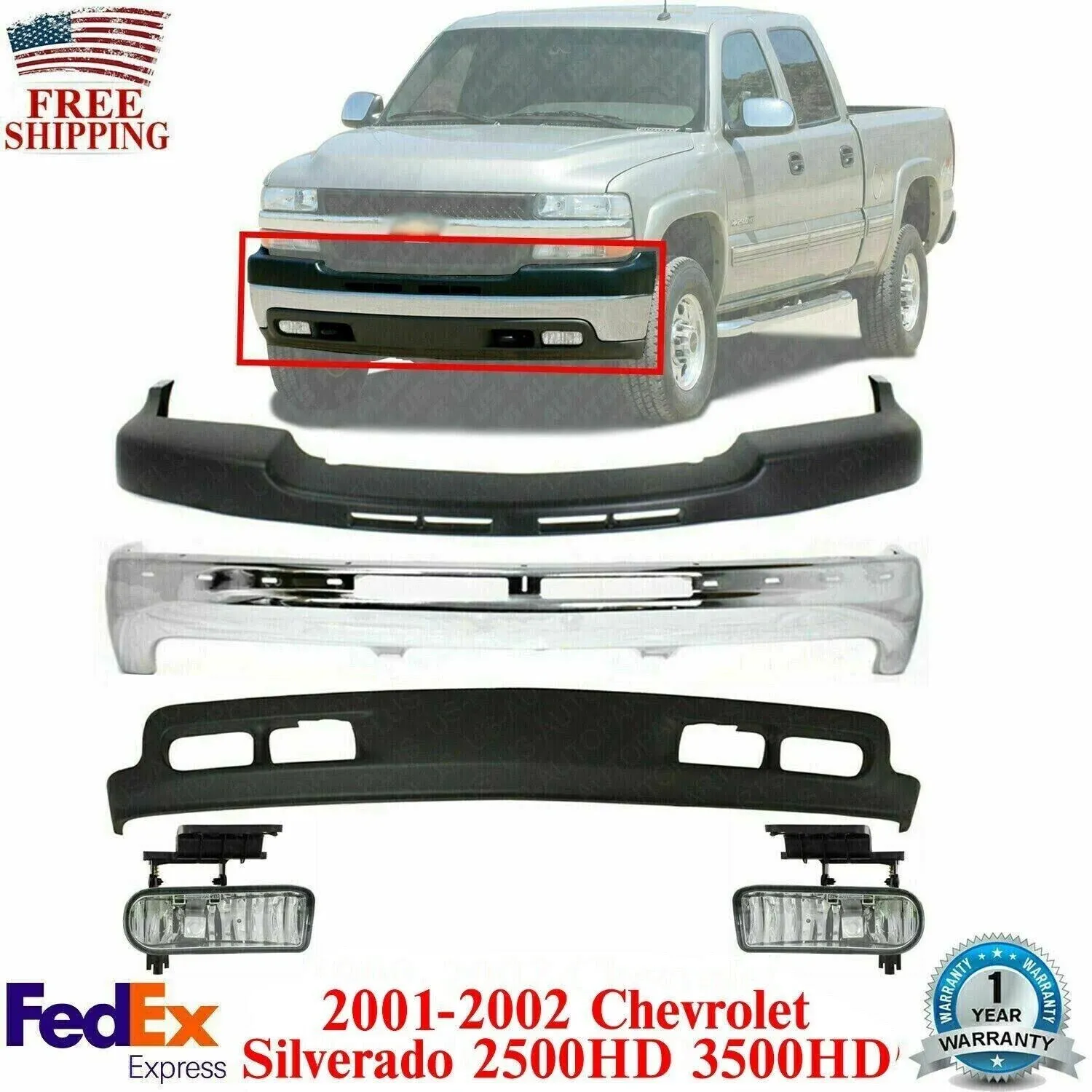 Front Bumper+Upper Cap+Valance +Fog lights For 2001-2002 Silverado 2500HD 3500HD