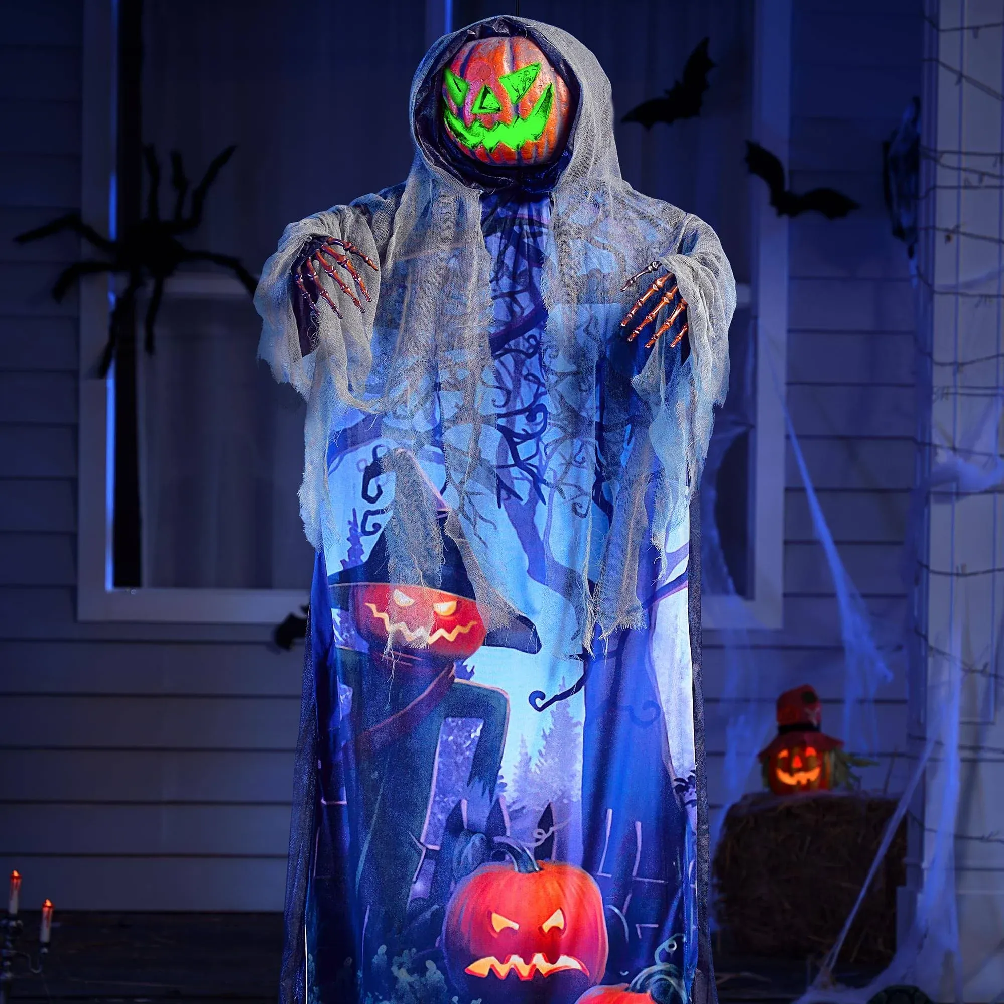 JOYIN 70.8” Halloween Animated Hanging Pumpkin Scarecrow Ghost with Light-up Green Eyes and Creepy Sound, Halloween Animatronics Hanging Ghost with Pumpkin Head for Halloween Outdoor Decoration