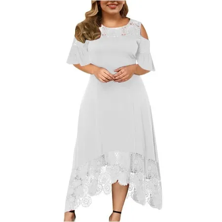 Wedding Guest Dresses For Women Plus Size Formal Maxi Dress Lace Stitching Long Dress Sexy Cold Shoulder Party Dress